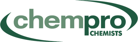 Chempro Chemists logo with green text and swoosh design